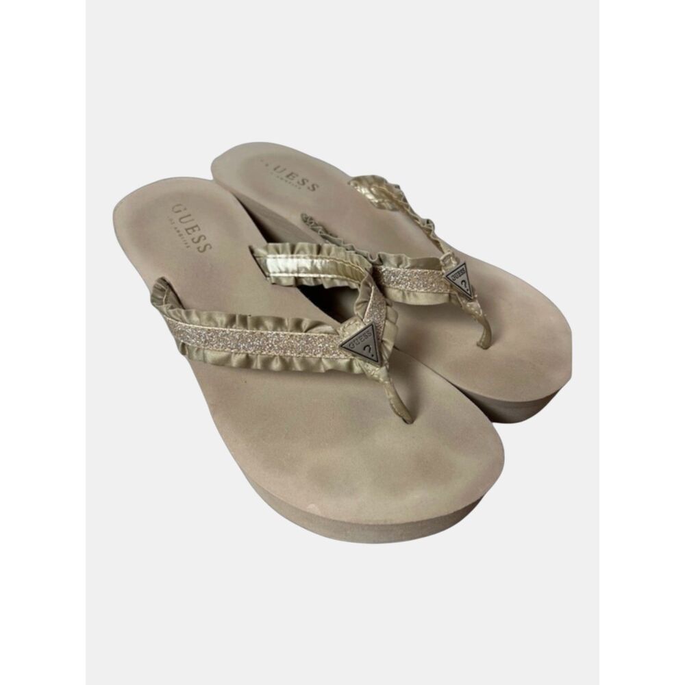 Guess Gold Ruffle Glitter Platform Wedge Flip Flop Sandals Size 8